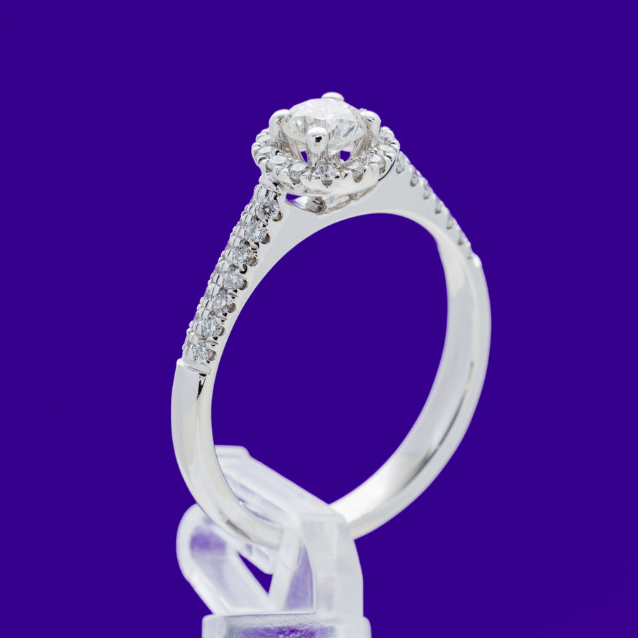 9ct White Gold .54ct Round Brilliant Solitare Pave Halo Diamond Ring