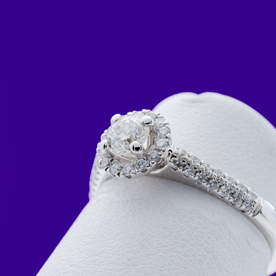 9ct White Gold .54ct Round Brilliant Solitare Pave Halo Diamond Ring