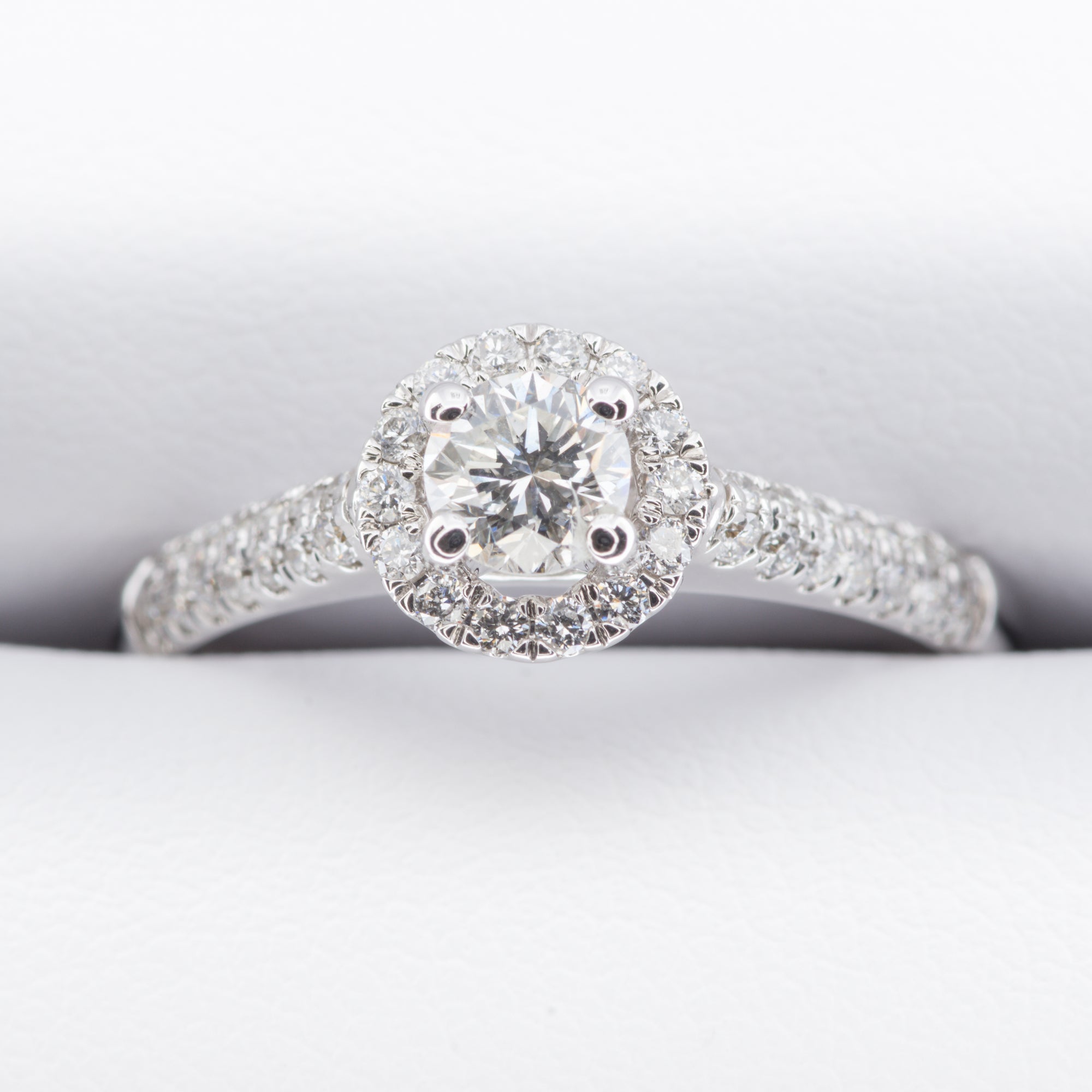 9ct White Gold .54ct Round Brilliant Solitare Pave Halo Diamond Ring