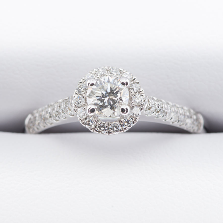9ct White Gold .54ct Round Brilliant Solitare Pave Halo Diamond Ring