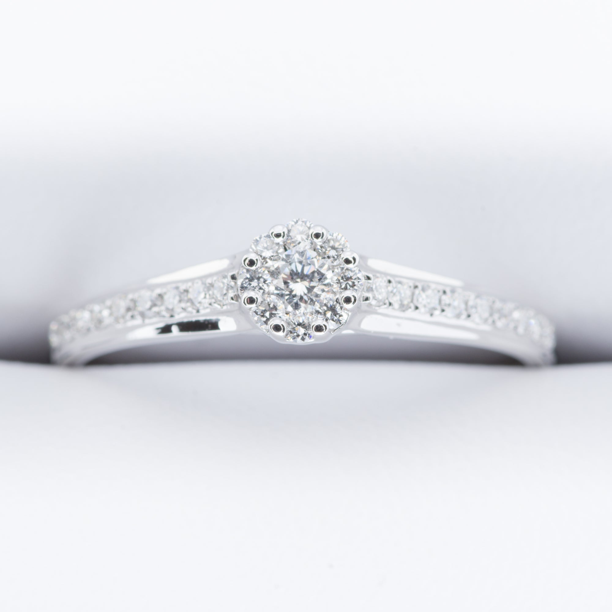 18ct White Gold .25ct Cluster with Diamond set Shoulders Engagement Ring