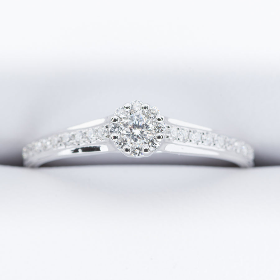 18ct White Gold .25ct Cluster with Diamond set Shoulders Engagement Ring