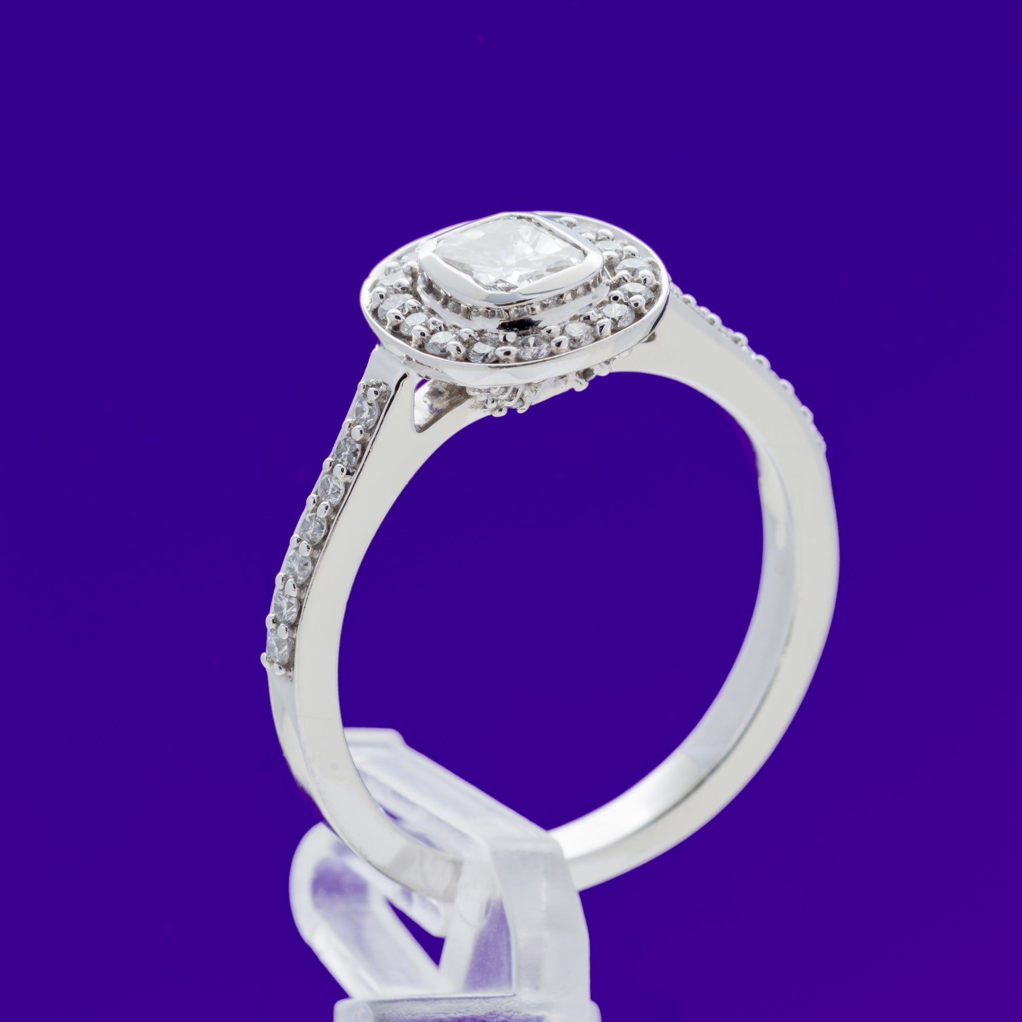 18ct Cushion Cut Rubover Grain Set Halo Diamond Engagement Ring