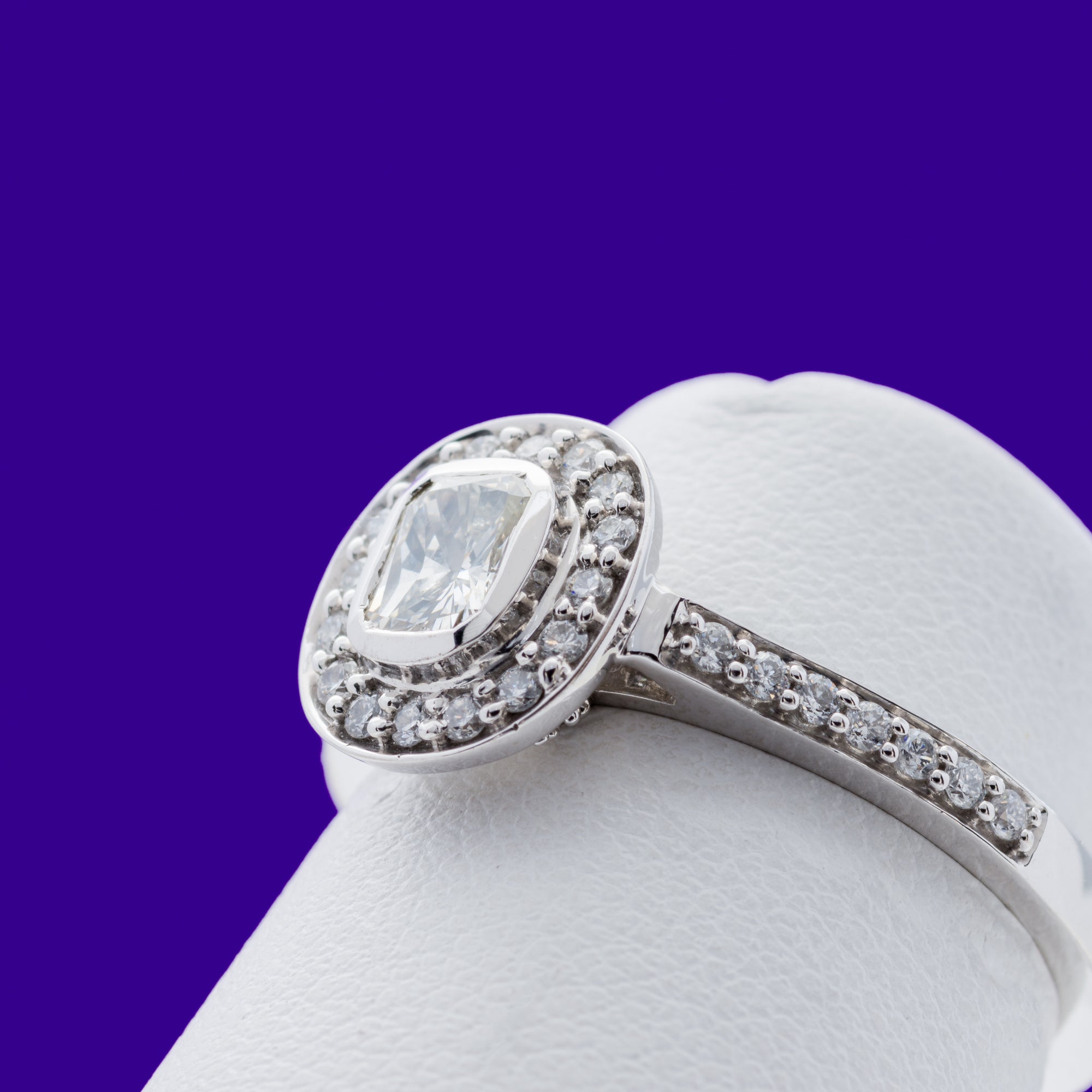 18ct Cushion Cut Rubover Grain Set Halo Diamond Engagement Ring