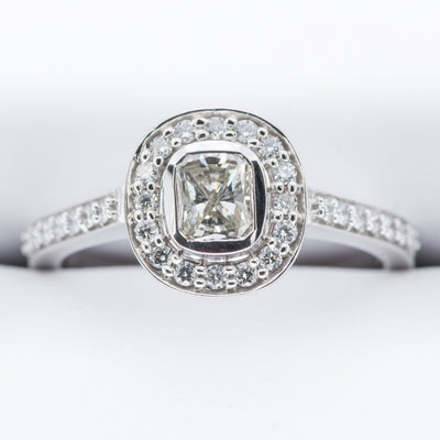 18ct Cushion Cut Rubover Grain Set Halo Diamond Ring