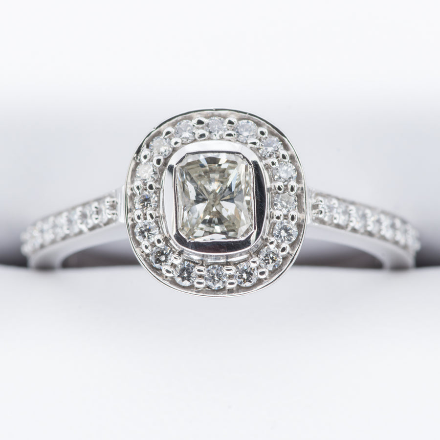 18ct Cushion Cut Rubover Grain Set Halo Diamond Engagement Ring