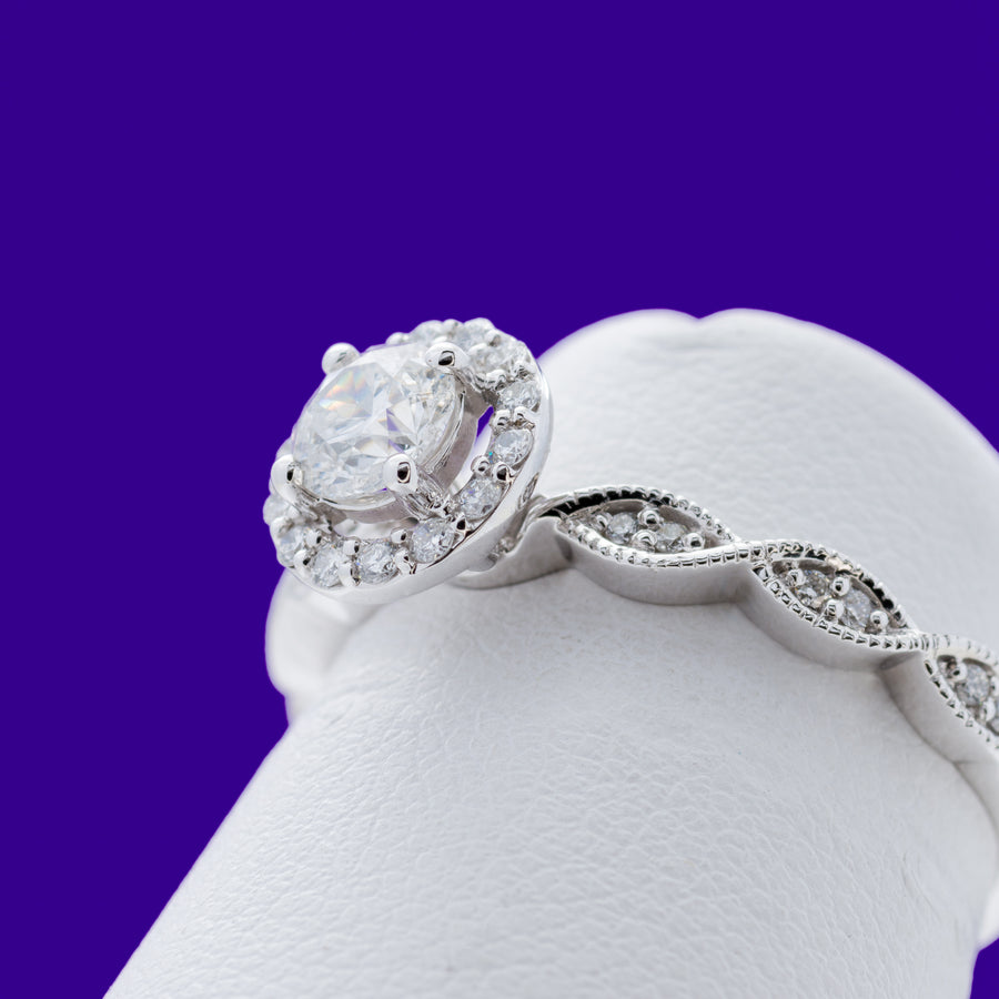 9ct White Gold .60ct Solitare Halo with pave twisted shoulders and matching Wedding band