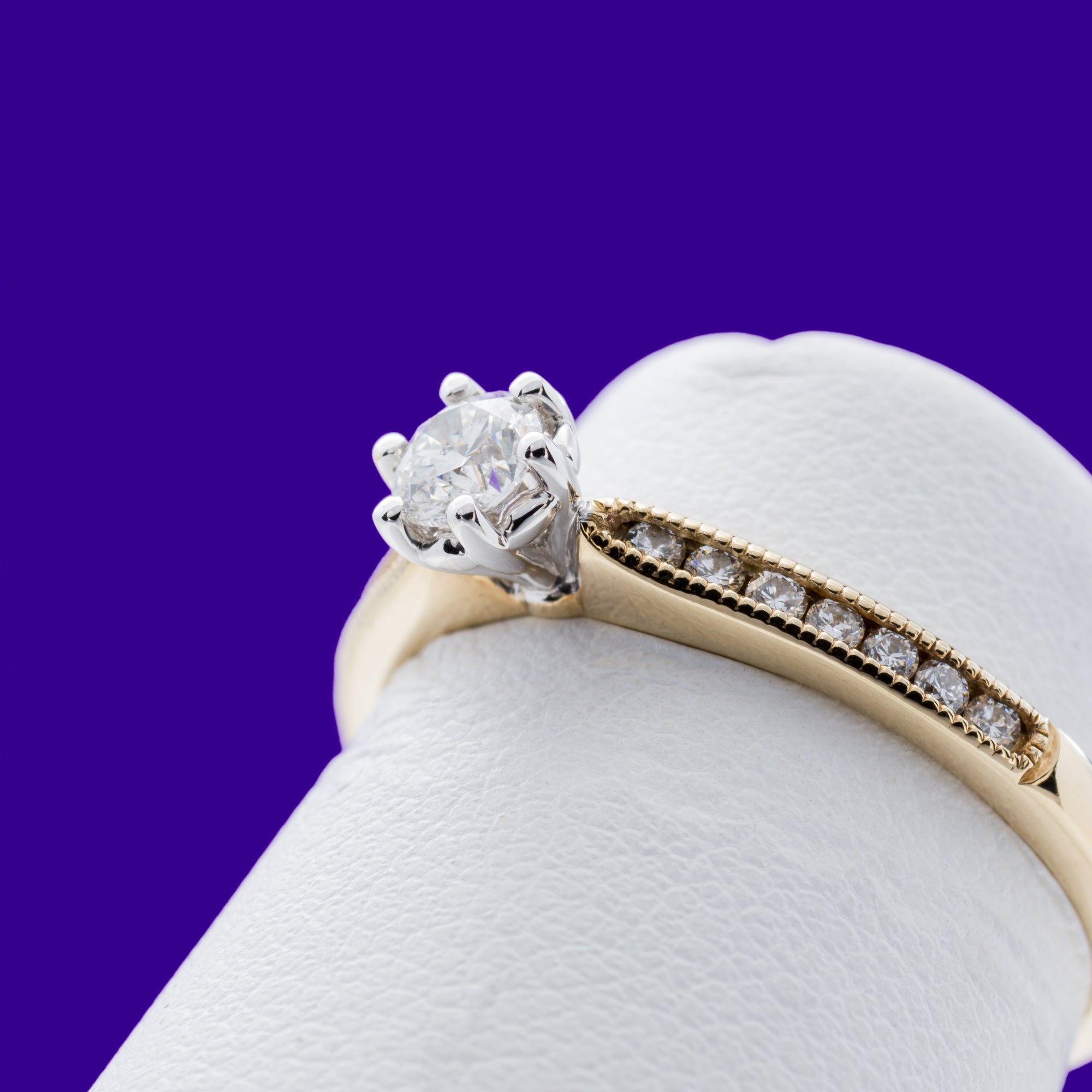 9ct Yellow Gold .33ct 6 claw Round Brilliant Solitaire with beaded channel set Shoulders