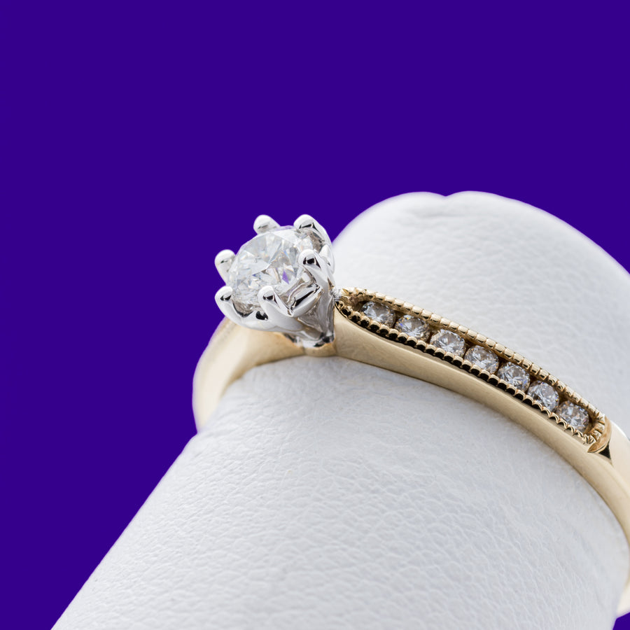 9ct Yellow Gold .33ct 6 claw Round Brilliant Solitaire with beaded channel set Shoulders
