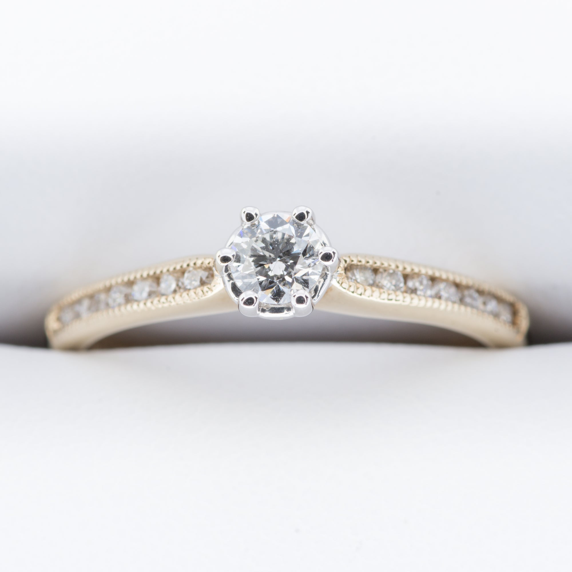 9ct Yellow Gold .33ct 6 claw Round Brilliant Solitaire with beaded channel set Shoulders